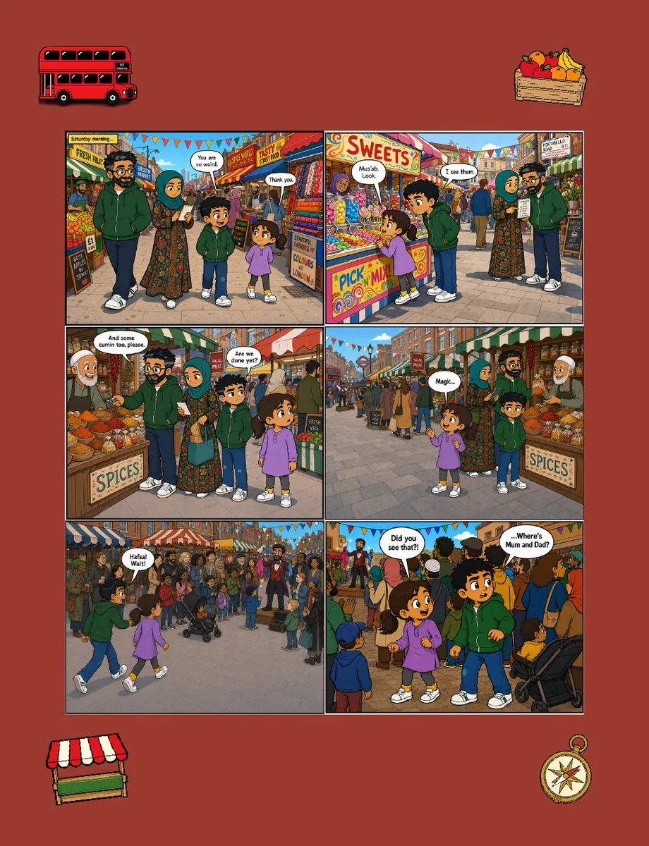Mus'ab and Hafsa navigating a busy market in a comic page
