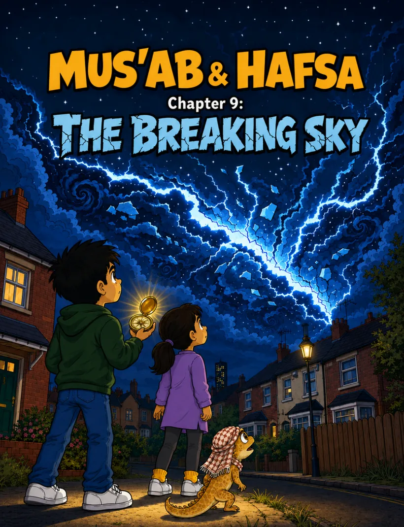 Mus'ab and Hafsa beneath a dramatic lightning filled sky