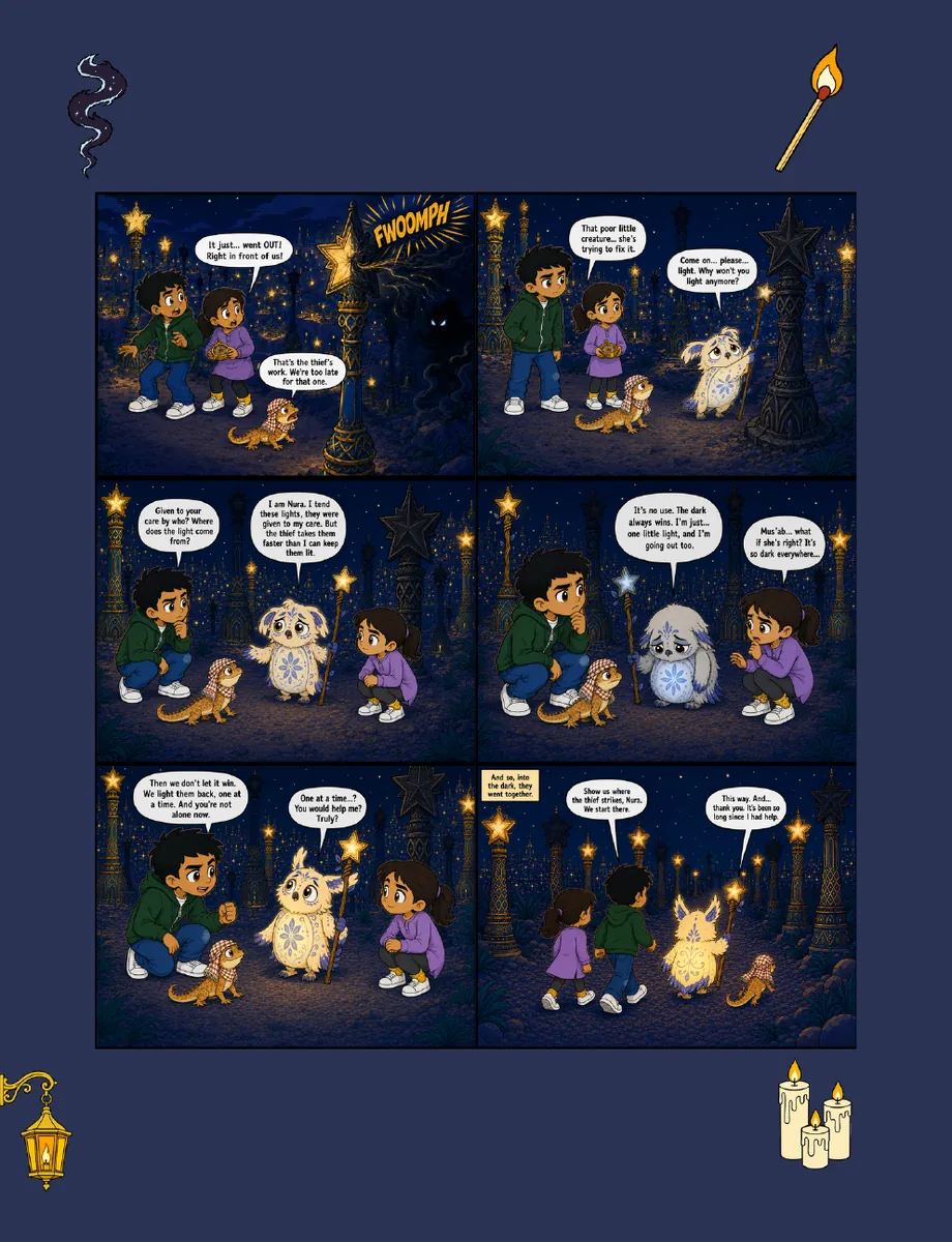 Mus'ab and Hafsa following a glowing star through a night adventure
