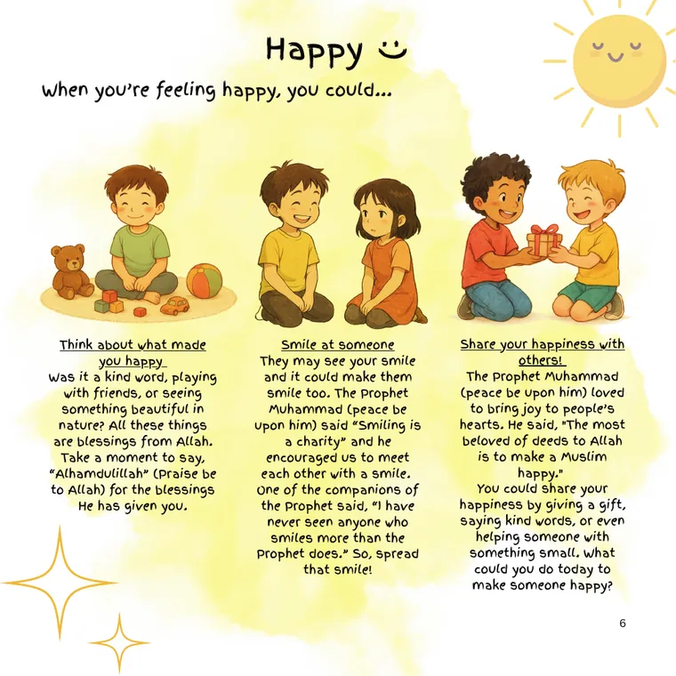Happiness sample page with stories of Muslim children