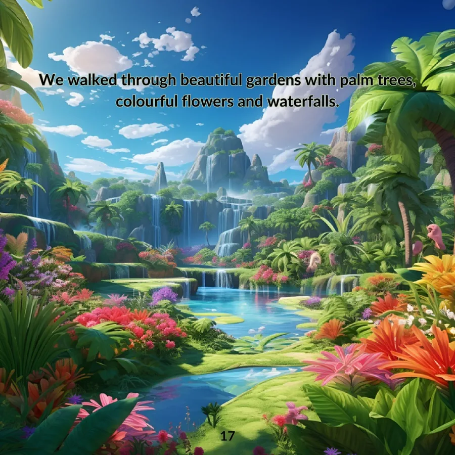 A colourful garden with palm trees and waterfalls