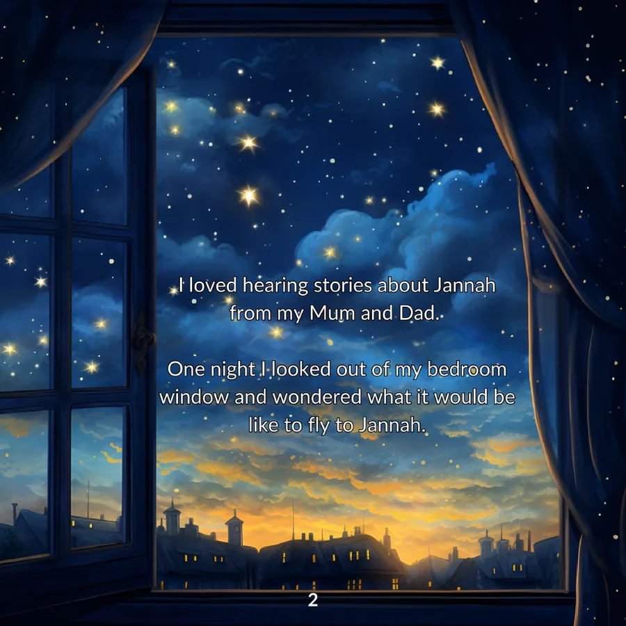 A child looks through a window into a star-filled night sky