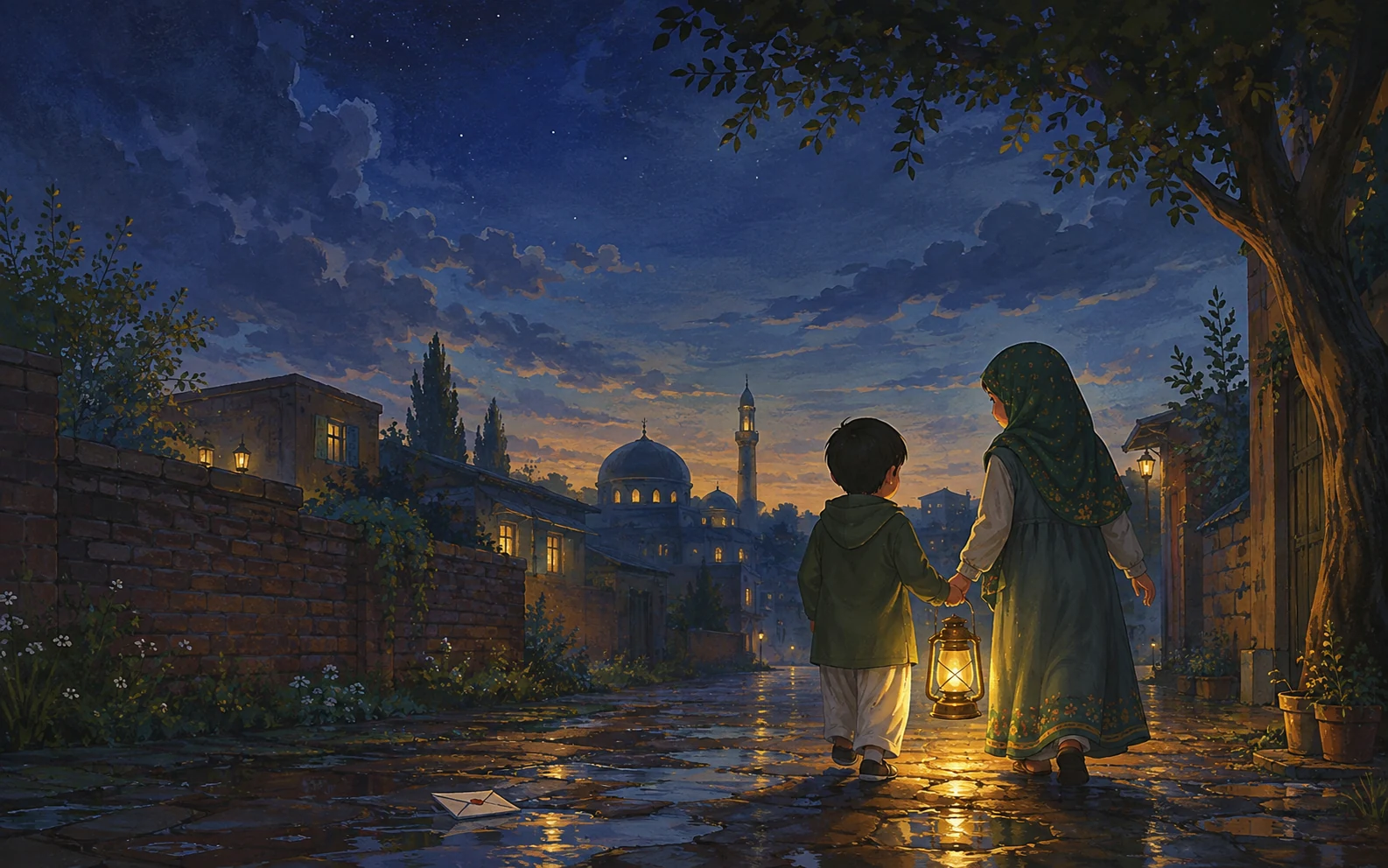 A sister and younger brother carrying a glowing lantern along a rain-washed lane at dusk