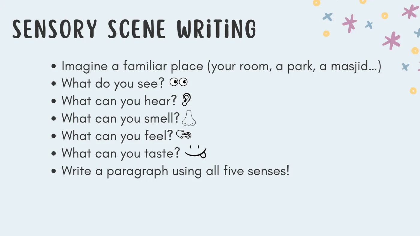 Creative writing workshop slide about using the senses
